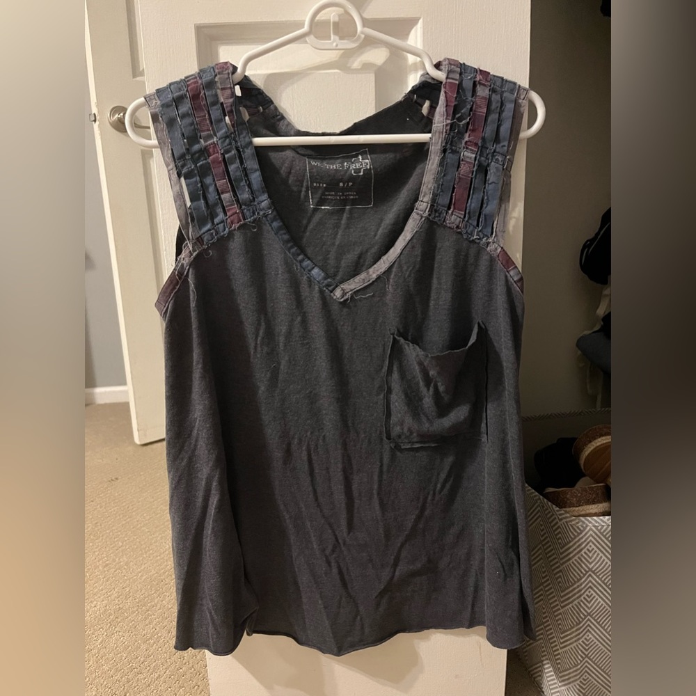 Vintage Free People Pocket Tee With Lattice Shoulder Detail